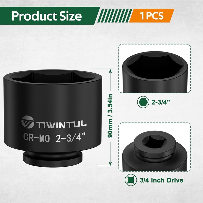 TIWINTUL 3/4 Inch Drive Deep Impact Socket 2-3/4", Anti-Rounding 6-Point Design SAE Socket, Heat-Treated CR-MO, Black Phosphate Finish, Axle Nut Socket for Auto Repair, Easy Removal - Image 2